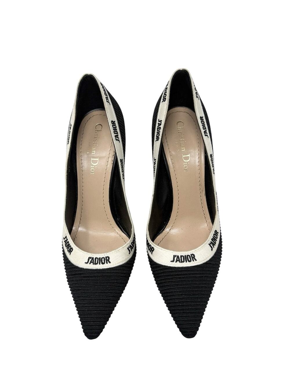 Dior J'Adior Black Canvas Logo Ribbon Pointed Toe Stiletto Pumps EU 38